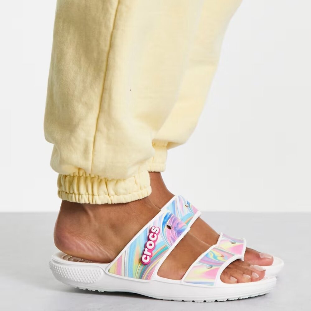 Crocs‎ Women's White Classic Out Of This World Rainbow Slide Sandal Size 10